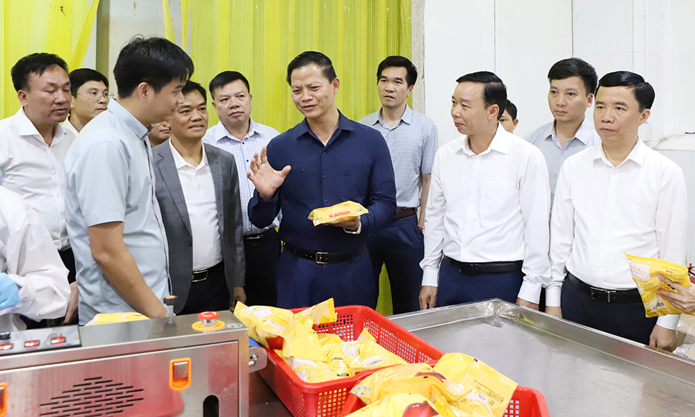 Đồng chí Vương Quốc Tuấn thăm dây chuyền chế biến nông sản của Công ty Cổ phần xuất nhập khẩu thực phẩm Toàn Cầu.