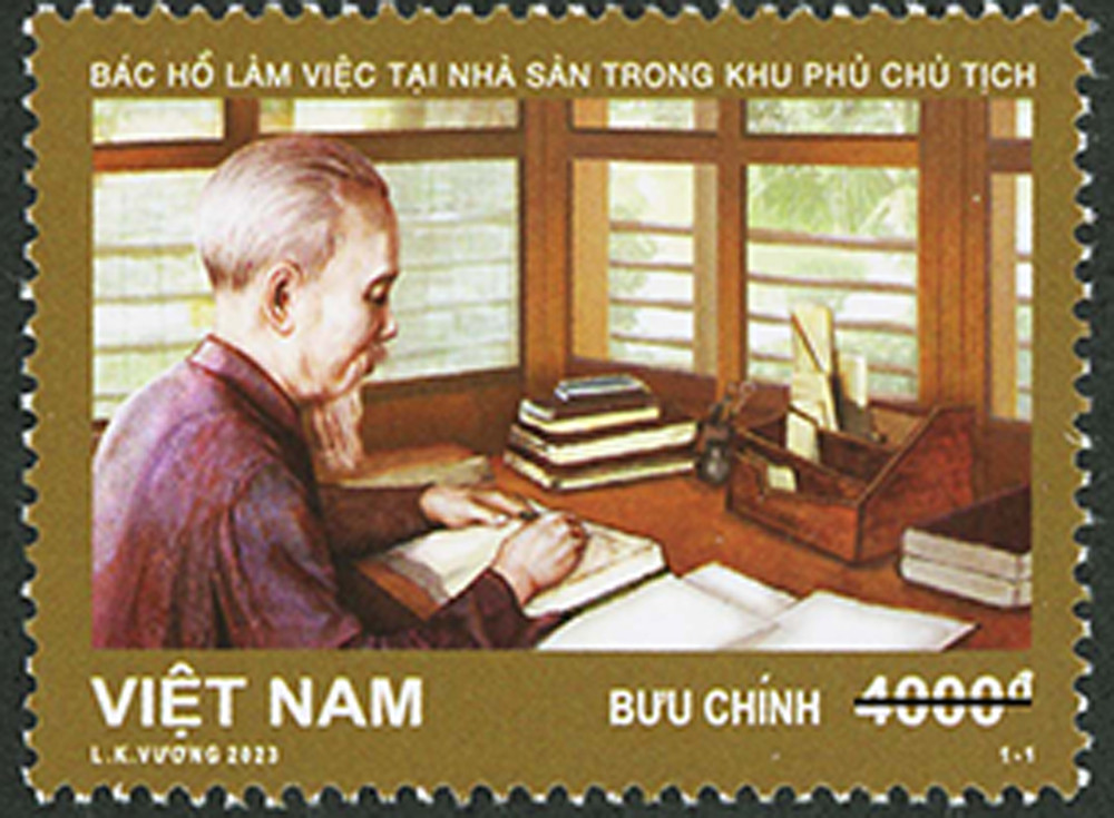 Mẫu tem bưu chính “Nhà sàn Bác Hồ trong khu Phủ Chủ tịch”.