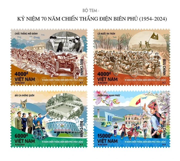 Bộ tem “Kỷ niệm 70 năm chiến thắng Điện Biên Phủ (1954 - 2024)”. Ảnh: Bộ Thông tin và Truyền thông
