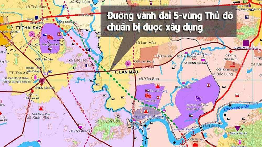 Đường vành đai 5 - vùng Thủ đô đoạn từ KCN Yên Sơn - Bắc Lũng đến đường 293B (màu xanh lá cây) sẽ được đầu tư xây dựng.