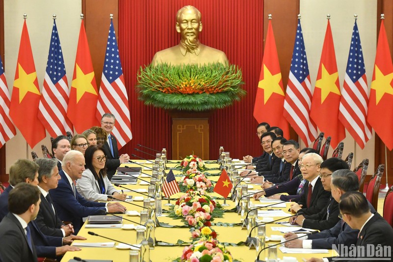 Tổng Bí thư Nguyễn Phú Trọng hội đàm với Tổng thống Hoa Kỳ Joe Biden. (Ảnh: Đăng Khoa)