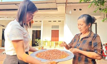 Bà Kiểm giới thiệu về quy trình sản xuất kẹo lạc.