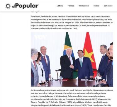 Bài báo “Quan hệ sôi động với khu vực Mỹ Latinh góp phần vào thành công của ngoại giao Việt Nam trong năm 2023” đăng trên trang điện tử El Popular (Nhân Dân), cơ quan ngôn luận của Đảng Cộng sản Uruguay.