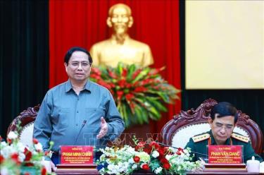 Thủ tướng Phạm Minh Chính phát biểu tại buổi làm việc với Tập đoàn Công nghiệp-Viễn thông Quân đội (Viettel). Ảnh: Dương Giang/TTXVN
