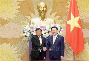 Chủ tịch Quốc hội Vương Đình Huệ với đồng Chủ tịch Uỷ ban Kinh tế Nhật - Việt Masayoshi Fujimoto. Ảnh: Nhan Sáng/TTXVN