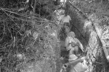 Lực lượng xung kích theo đường hào tiến sát các vị trí của địch trên đồi Him Lam và tiêu diệt cứ điểm quan trọng này ngay trong ngày mở màn chiến dịch 13/3/1954. Ảnh: TTXVN